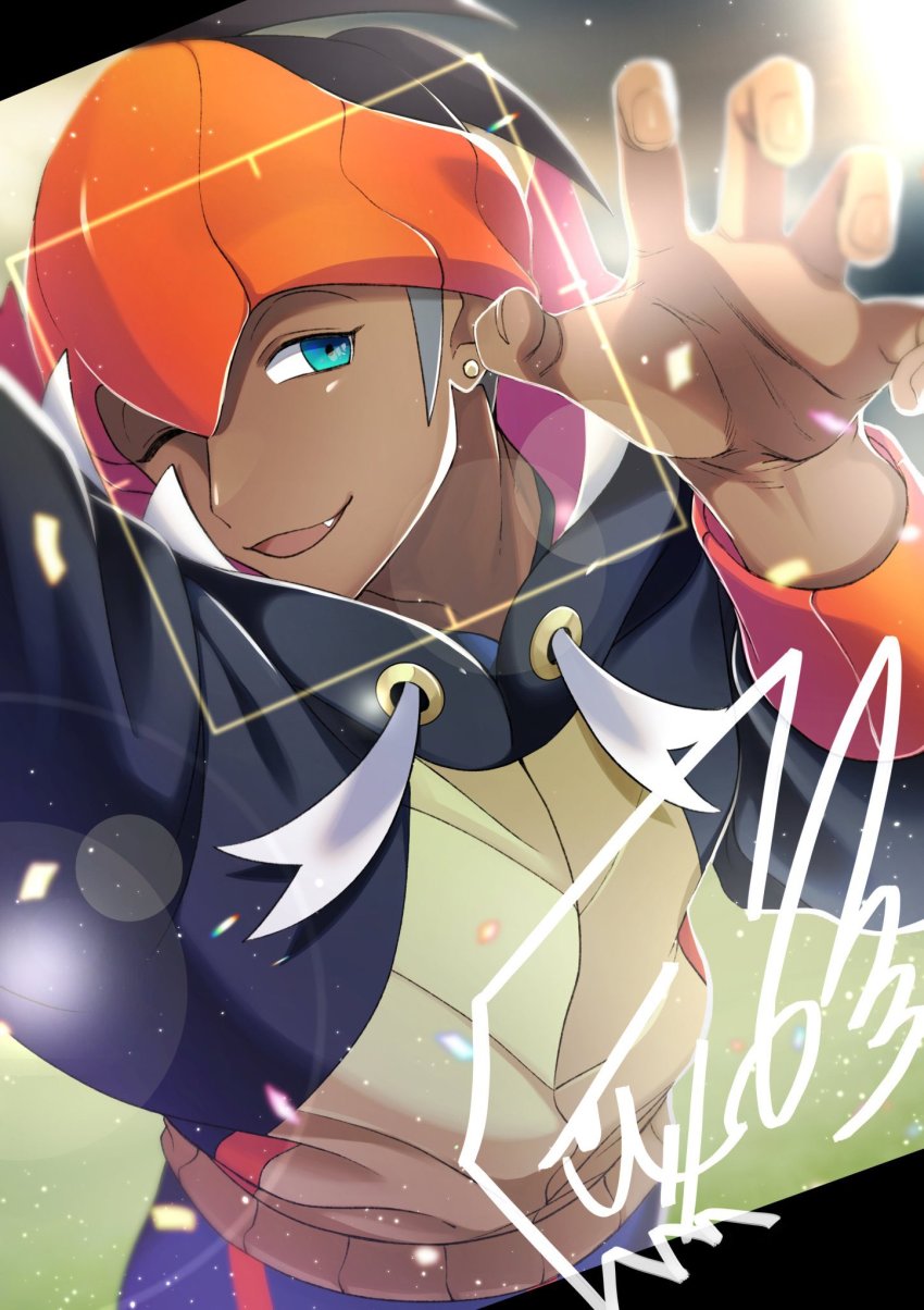 1boy, bad_id, bad_twitter_id, black_hoodie, blurry, brown_hair, dark-skinned_male, dark_skin