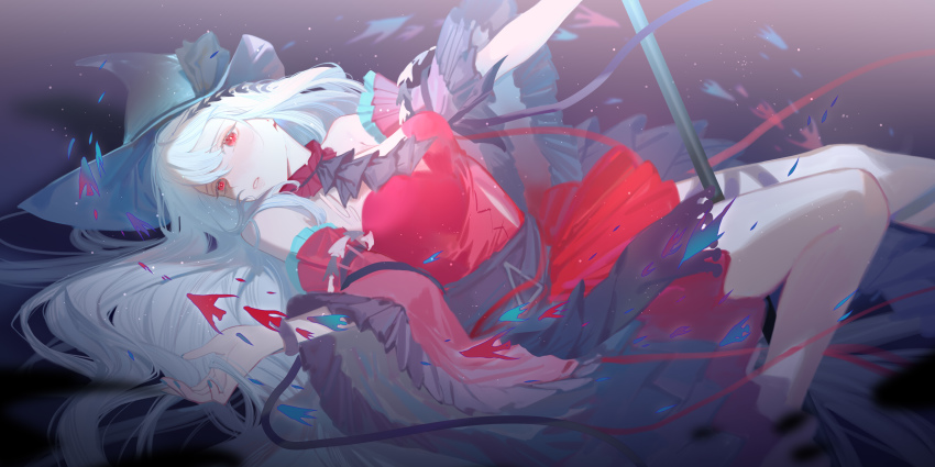 1girl, absurdres, aqua_headwear, arknights, ascot, bare_shoulders, black_ascot, blush