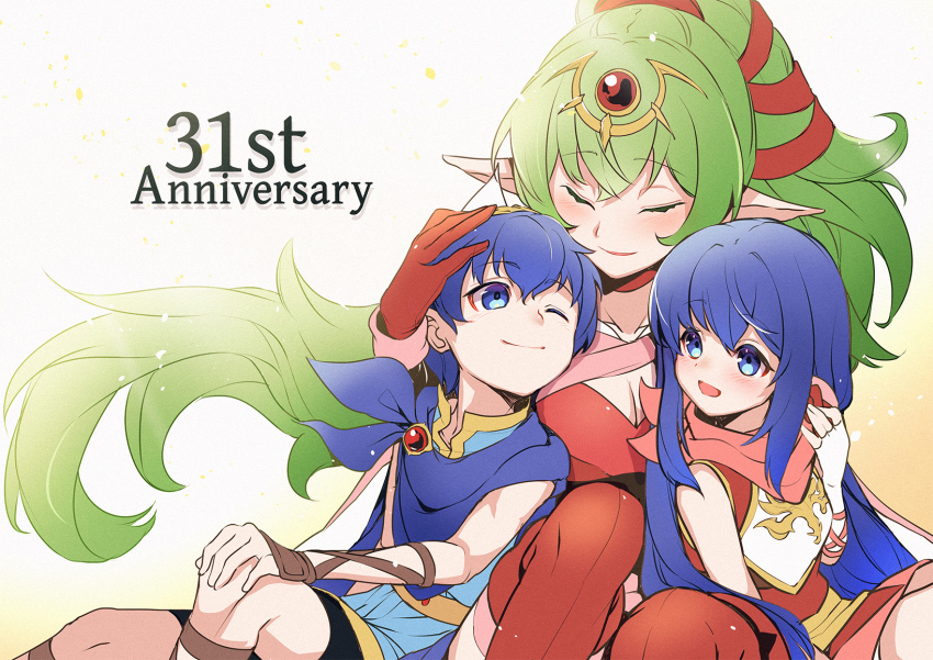 1boy, 2girls, age_difference, aged_down, aged_up, anniversary, blue_eyes, blue_hair, caeda_(fire_emblem), caeda_(princess_of_talys)_(fire_emblem), fire_emblem, fire_emblem:_mystery_of_the_emblem, fire_emblem:_shadow_dragon, fire_emblem:_shadow_dragon_and_the_blade_of_light, fire_emblem_awakening, fire_emblem_heroes, green_hair, highres, hug, long_hair, marth_(fire_emblem), marth_(legacied_hero)_(fire_emblem), multiple_girls, nakabayashi_zun, nintendo, official_alternate_costume, open_mouth, pointy_ears, ponytail, smile, tagme, tiara, tiki_(adult)_(fire_emblem), tiki_(fire_emblem), time_paradox