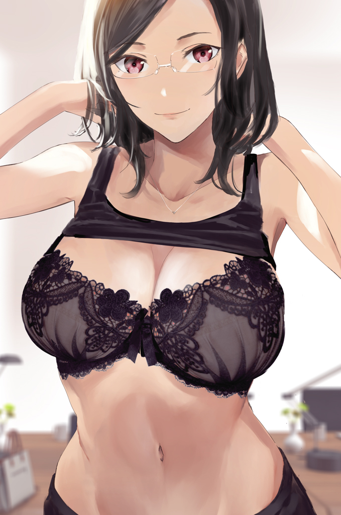 1girl, arms_up, bag, black_bra, black_hair, blurry, blurry_background, bra, breasts, cleavage, clothes_lift, collarbone, desk_lamp, floral_print, glasses, groin, hand_in_own_hair, indoors, jewelry, lamp, large_breasts, looking_at_viewer, medium_hair, navel, necklace, original, plant, potted_plant, purple_eyes, shida_(ddfd), shirt_lift, sleeveless, smile, solo, tank_top, underwear, upper_body