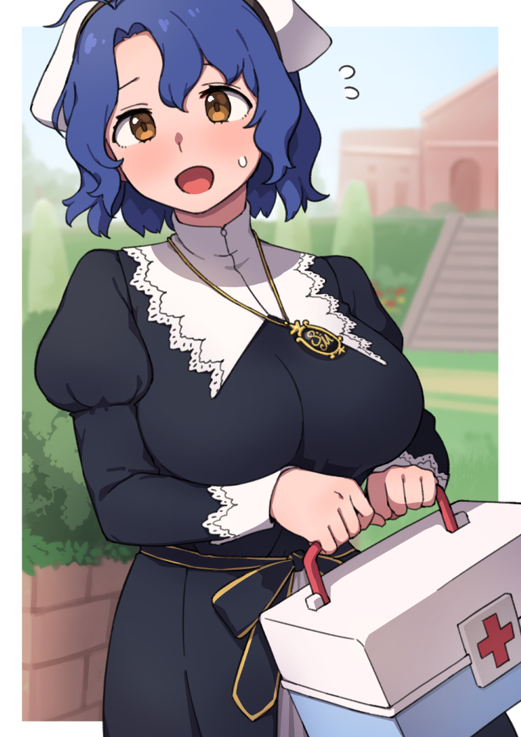 1girl, antenna_hair, black_dress, blue_hair, breasts, brown_eyes, cross, dress, eyebrows_hidden_by_hair, first_aid_kit, flying_sweatdrops, habit, holding, idolmaster, idolmaster_million_live!, idolmaster_million_live!_theater_days, jewelry, juliet_sleeves, kwaejina, large_breasts, long_sleeves, medicine_box, necklace, nun, open_mouth, outdoors, outside_border, puffy_sleeves, red_cross, robe, short_hair, solo, st._million_girls'_academy, sweatdrop, toyokawa_fuka, yellow_eyes
