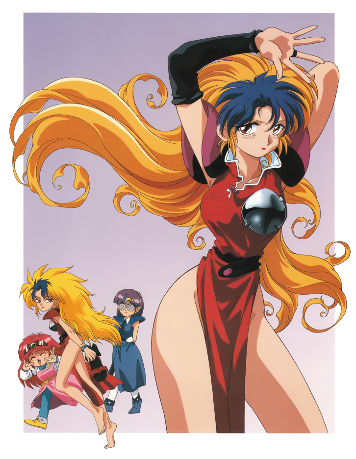 1990s_(style), 3girls, arara_cocoa, arara_milk, armor, arms_up, barefoot, blonde_hair