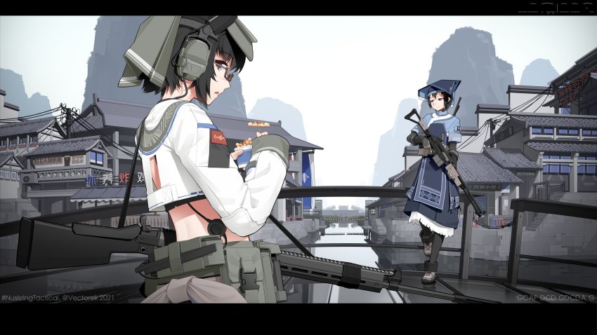 1girl, 2girls, absurdres, architecture, assault_rifle, barcode, belt, black_gloves, black_hair, black_pantyhose, blue_dress, blue_hat, bridge, building, chinese_text, closed_mouth, combat_knife, dress, earpiece, east_asian_architecture, emblem, facial_tattoo, flag, food, glasses, gloves, gun, half-closed_eyes, handgun, hat, highres, holding, holding_food, holding_gun, holding_weapon, imi_galil, knife, layered_sleeves, letterboxed, lidi_ahye_yesemo, long_sleeves, md5_mismatch, medium_dress, midriff, military, mountain, multiple_girls, original, pantyhose, print_dress, rifle, short_hair, short_over_long_sleeves, short_sleeves, smile, solo, tattoo, throat_microphone, transmission_tower, trigger_discipline, twitter_username, utility_belt, vectorek, weapon