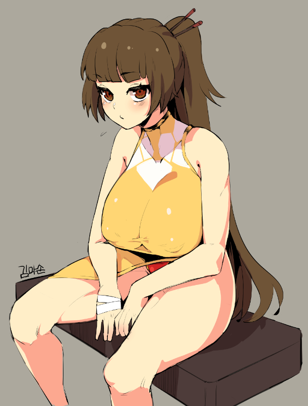 1girl, bare_shoulders, breasts, brown_eyes, brown_hair, china_dress, chinese_clothes, dress, expressionless, kim_mason, large_breasts, last_origin, long_hair, ponytail, sitting, solo, thighs, tiequan_(last_origin)