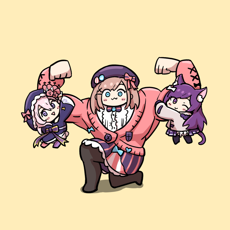 3girls, :3, animal_ear_fluff, animal_ears, beret, blue_eyes, blush, bow