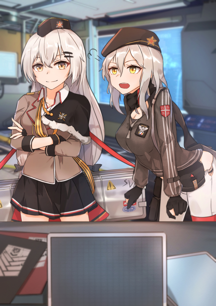 2girls, absurdres, beret, black_gloves, black_scarf, black_skirt, breasts, brown_headwear