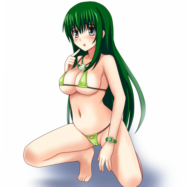 00s, 1girl, barefoot, bikini, blush, bracelet, breasts, cameltoe