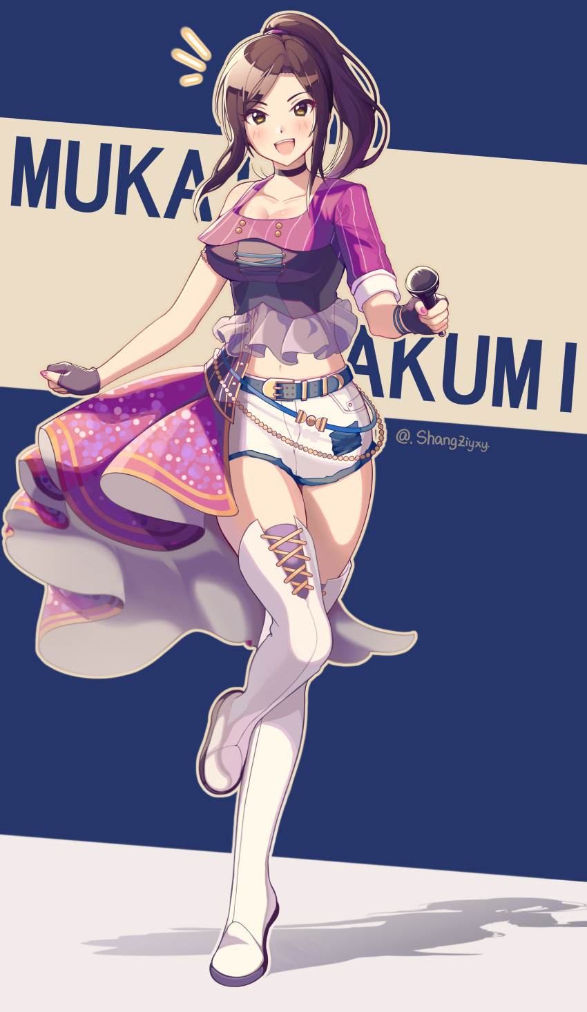 1girl, :d, absurdres, asymmetrical_clothes, asymmetrical_sleeves, blush, brown_eyes, brown_hair, dress, fingerless_gloves, frills, full_body, gloves, high_ponytail, highres, holding, holding_microphone, idol, idolmaster, idolmaster_cinderella_girls, idolmaster_poplinks, microphone, midriff, mukai_takumi, open_mouth, parted_bangs, ponytail, shangzi, short_shorts, shorts, sidelocks, smile, thighhighs, thighs, uneven_sleeves, white_footwear, white_shorts, white_thighhighs