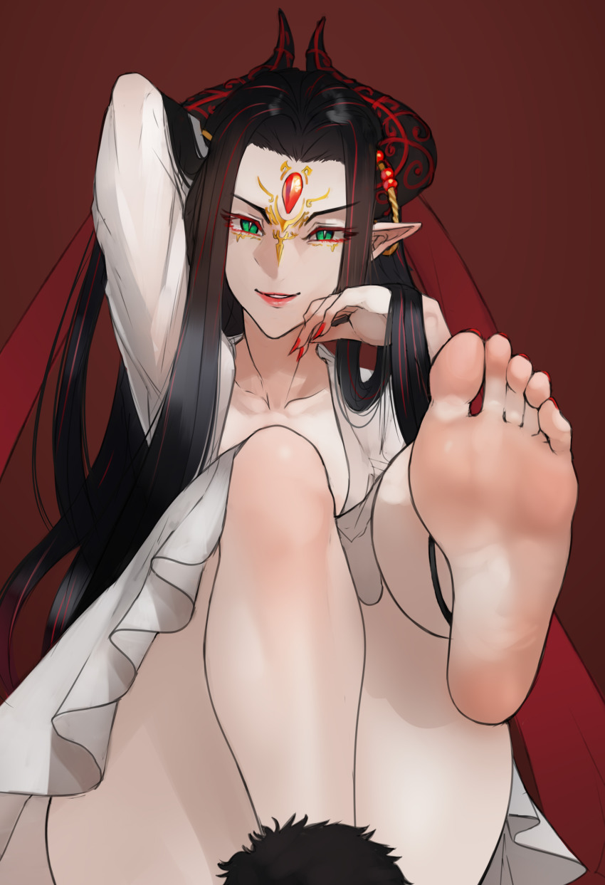 1girl, absurdres, arm_behind_head, barefoot, black_hair, feet, foot_focus, foot_up, green_eyes, highres, horns, long_hair, looking_at_viewer, multicolored_hair, nail_polish, parted_lips, pointy_ears, scathegrapes, smile, soles, streaked_hair, thunderbolt_fantasy, toes, xing_hai