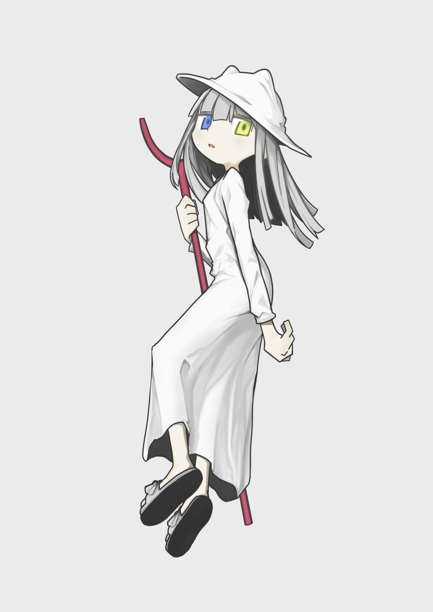1girl, absurdres, artist_request, blue_eyes, dress, gardener_(shimeji_simulation), hat, heterochromia, highres, looking_at_viewer, sandals, shimeji_simulation, staff, yellow_eyes