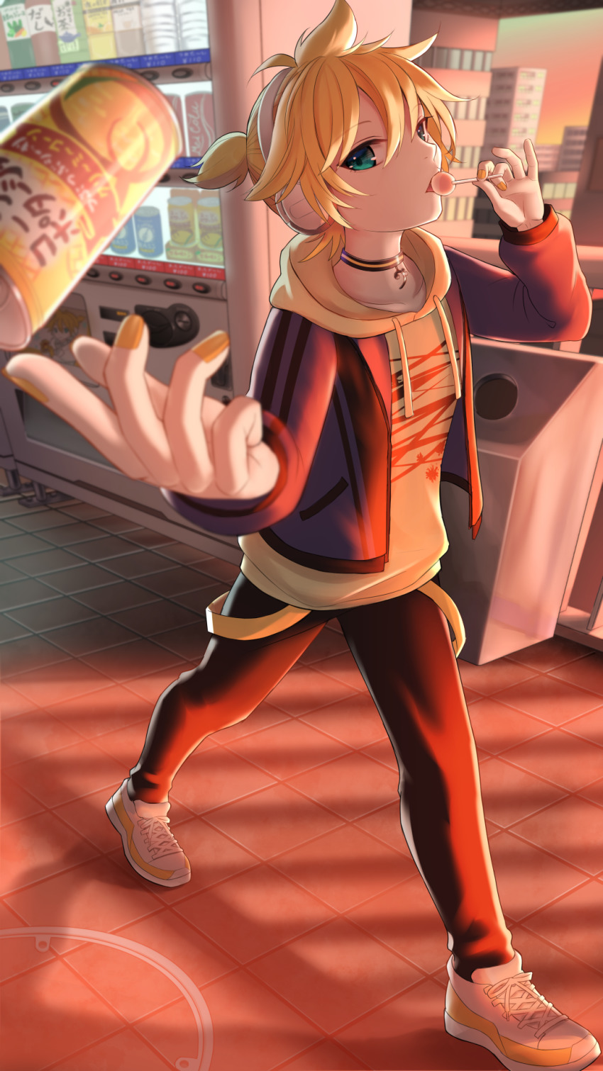 1boy, aqua_eyes, aroeruji3, bass_clef, black_jacket, black_pants, blonde_hair, building