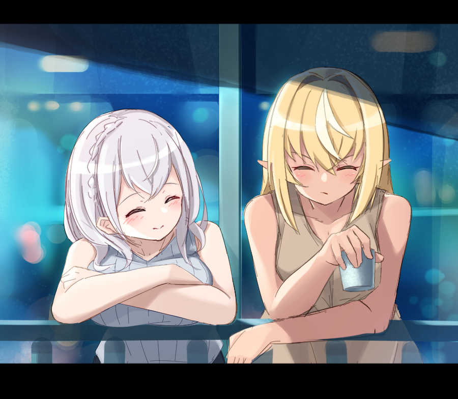 2girls, ^_^, bare_arms, bare_shoulders, blonde_hair, blush, breasts, brown_shirt