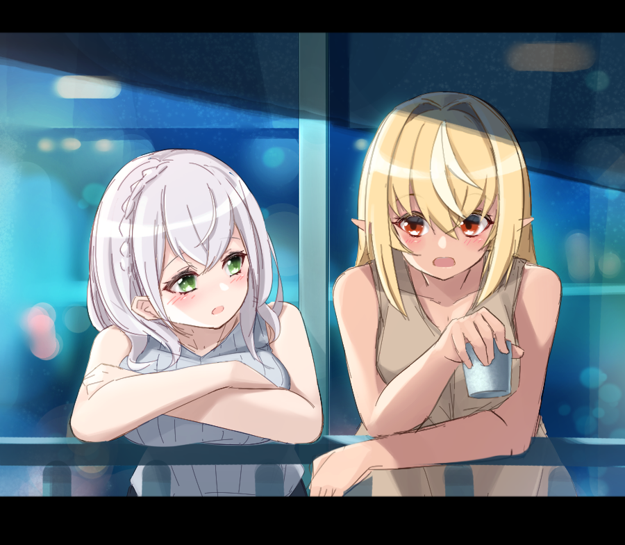 2girls, bare_arms, bare_shoulders, blonde_hair, blush, breasts, brown_shirt, collarbone