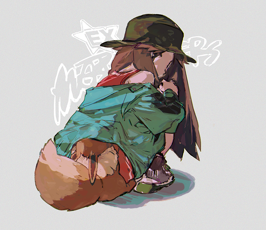 1girl, brown_eyes, brown_hair, copyright_name, eevee, gen_1_pokemon, grey_background, hat