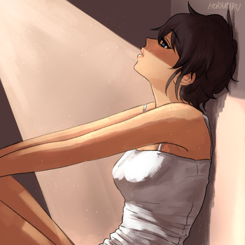 1girl, against_wall, artist_name, black_hair, blue_eyes, camisole, commentary, dark-skinned_female, dark_skin, from_side, girls_und_panzer, half-closed_eyes, highres, hora_maru_mate, knees_up, leaning_back, light_rays, lips, messy_hair, shirt, short_hair, signature, sitting, solo, suzuki_(girls_und_panzer), white_shirt