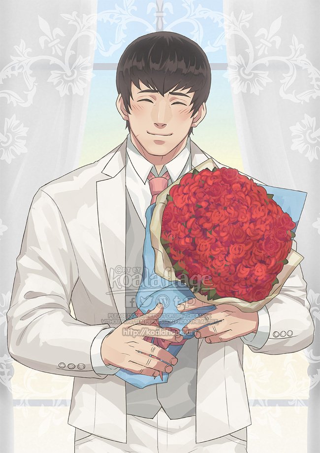 1boy, alternate_costume, bouquet, closed_eyes, collared_shirt, curtains, fire_emblem, fire_emblem_awakening