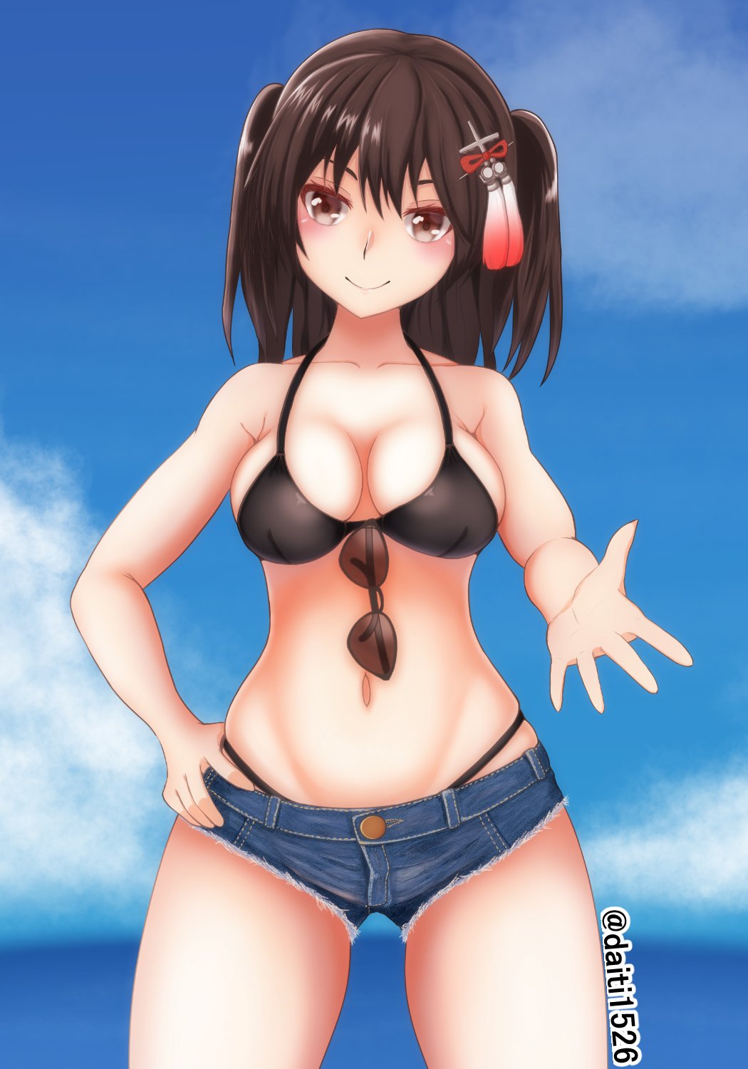 1girl, bikini, black_bikini, black_hair, blue_shorts, blue_sky, breasts, brown_eyes