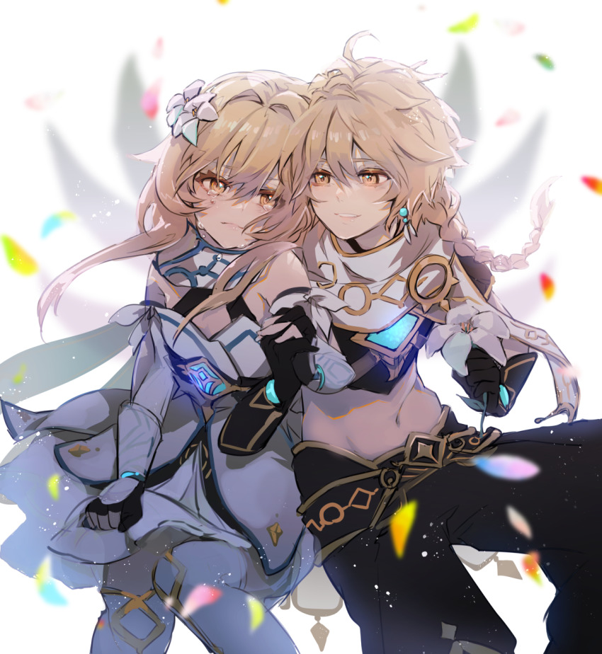 1boy, 1girl, aether_(genshin_impact), ahoge, black_gloves, blonde_hair, boots, braid