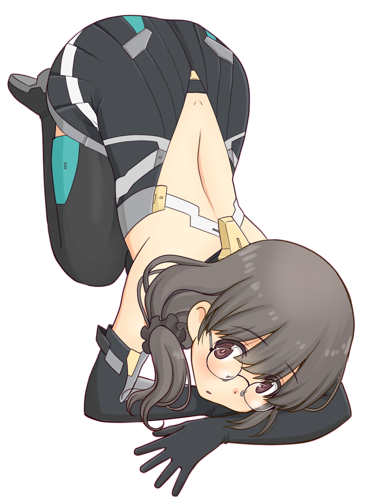1girl, alice_gear_aegis, backless_dress, backless_outfit, bare_shoulders, black_dress, black_gloves, black_legwear, black_leotard, blue_background, blush, brown_eyes, brown_hair, clothes_lift, dress, dress_lift, elbow_gloves, garyu_emi, glasses, gloves, groin, leotard, long_hair, looking_at_viewer, low_ponytail, pleated_dress, ponytail, sleeveless, sleeveless_dress, smile, thighs, uona_telepin, white_background