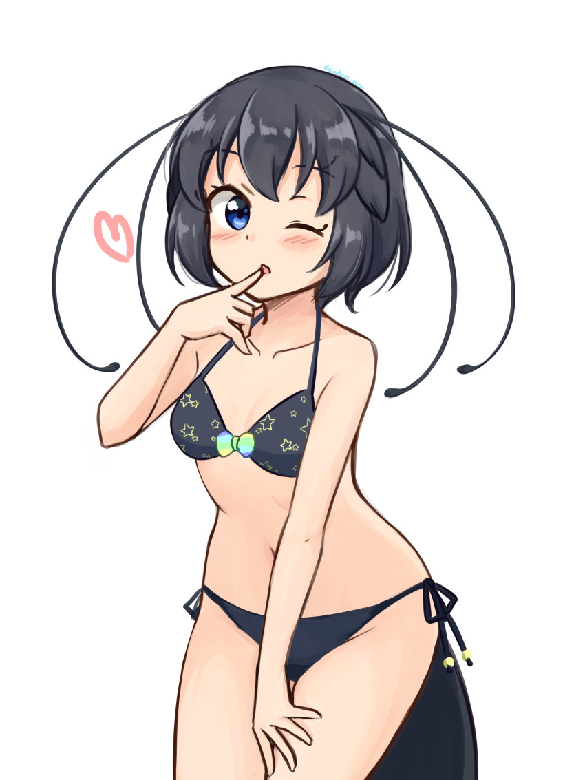 1girl, ;o, absurdres, antennae, bare_arms, bare_shoulders, bikini, black_bikini