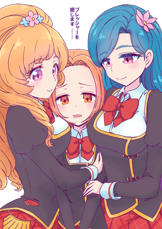 3girls, :t, aikatsu!, aikatsu!_(series), aikatsu_on_parade!, arm_grab, asymmetrical_bangs, between_breasts