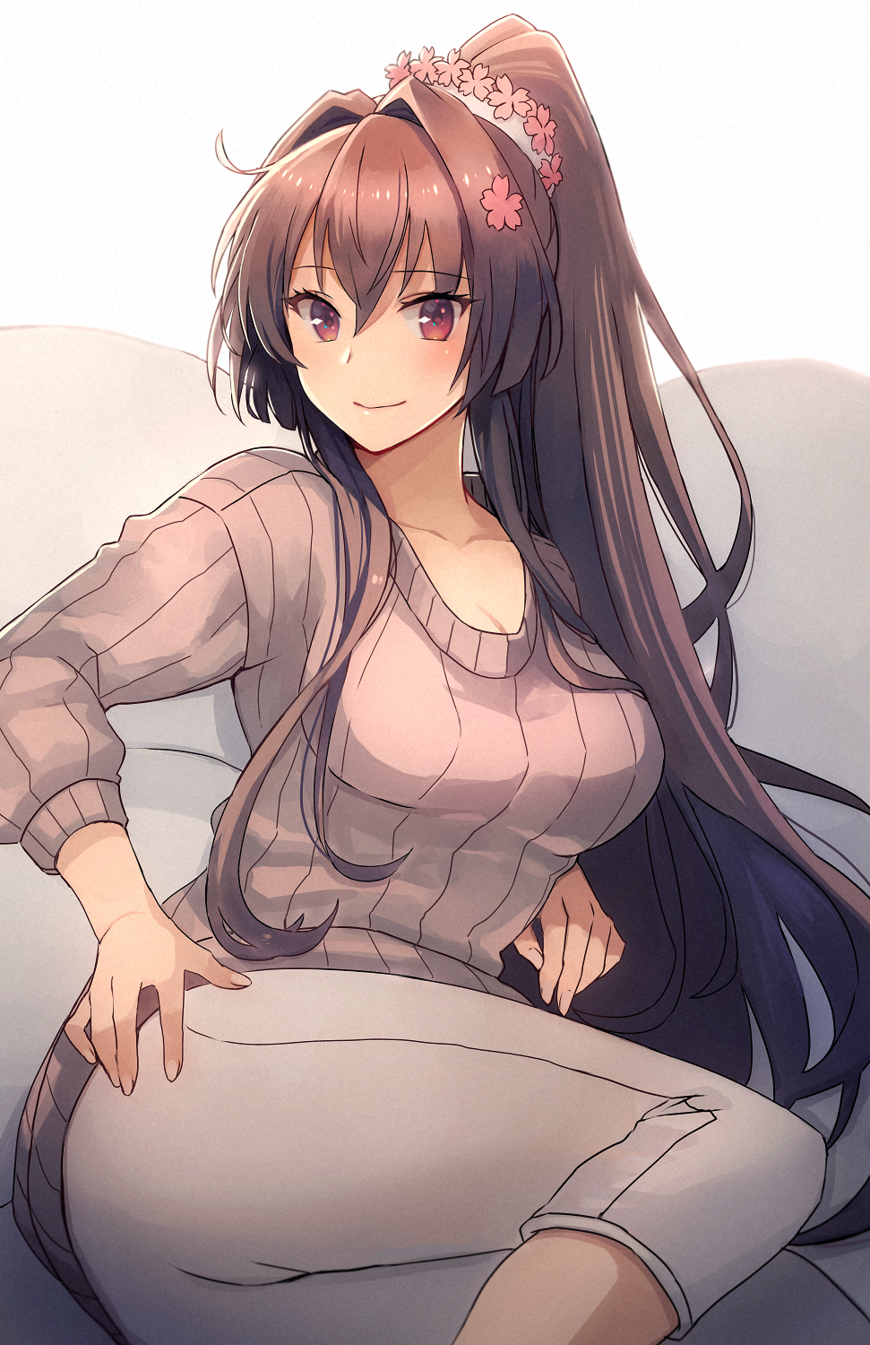 1girl, alternate_costume, black_hair, flower, grey_kimono, hair_between_eyes, highres, holding