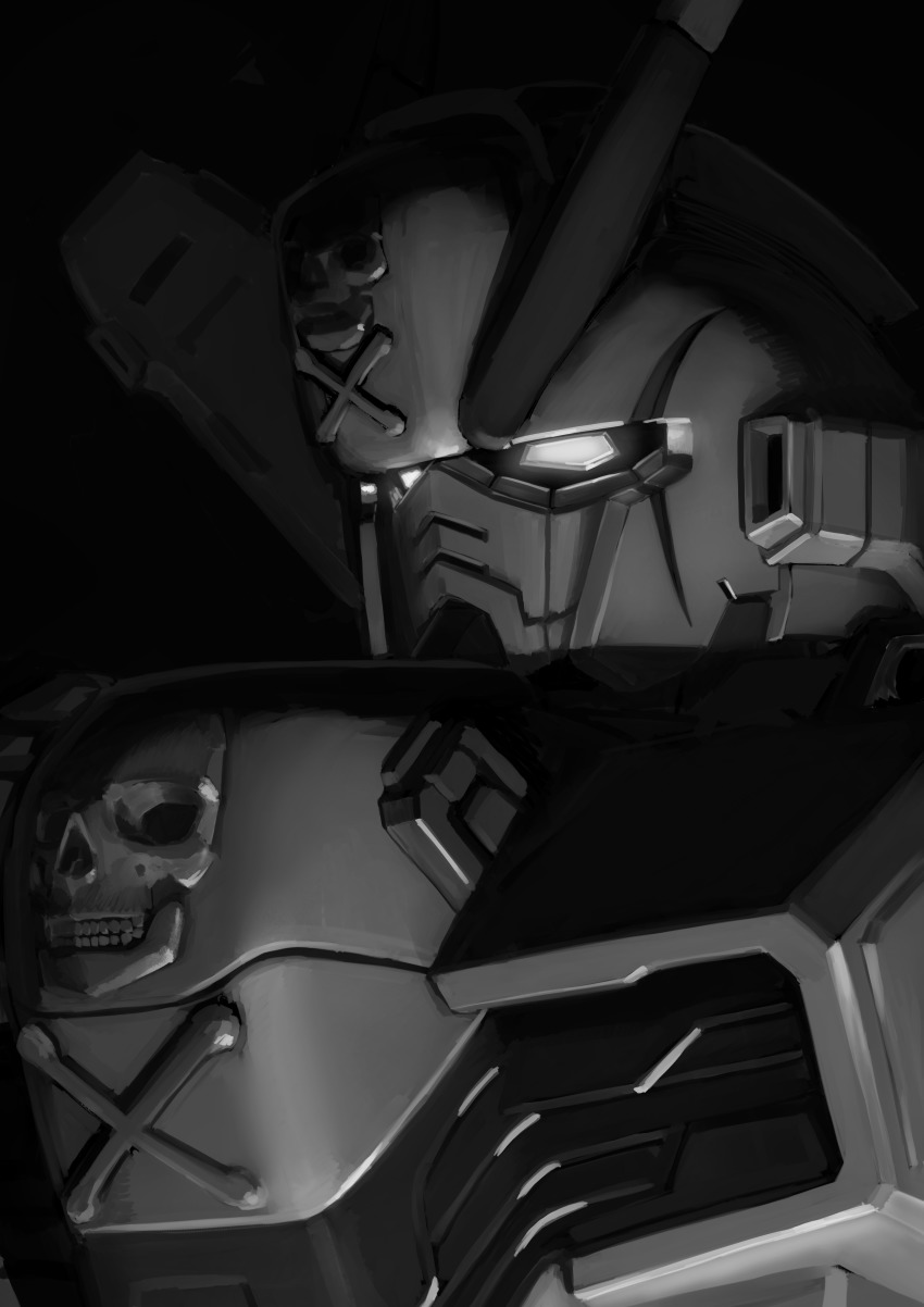 absurdres, crossbone_gundam, crossbone_gundam_ghost, crossbone_gundam_x-0, glasses1255, glowing, glowing_eyes, greyscale