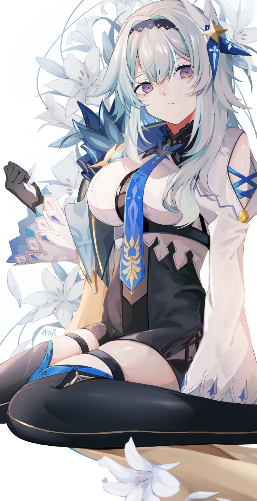 1girl, absurdres, bare_shoulders, blue_hair, blue_necktie, breasts, eula_(genshin_impact), flower