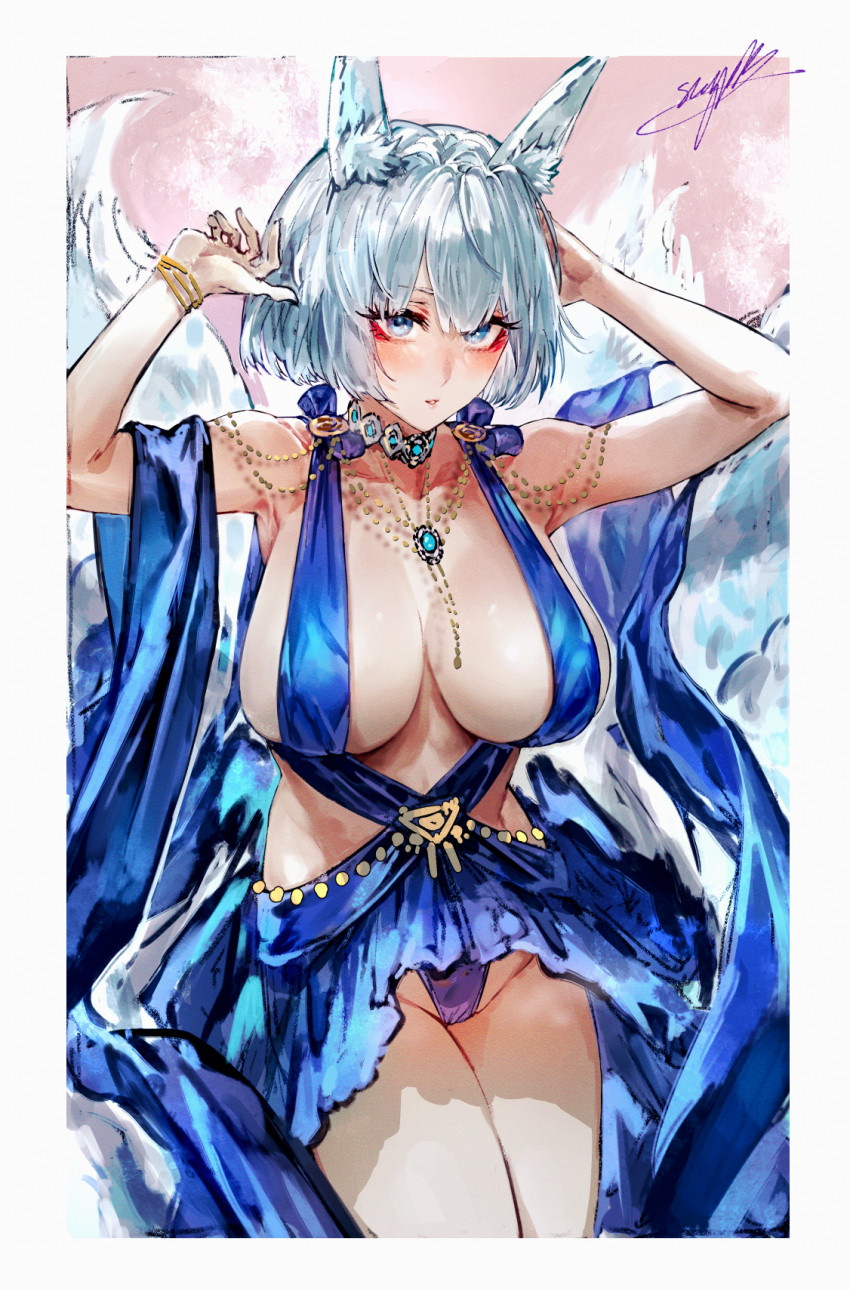 1girl, animal_ears, armpits, arms_up, azur_lane, bare_shoulders, blue_dress, blue_eyes