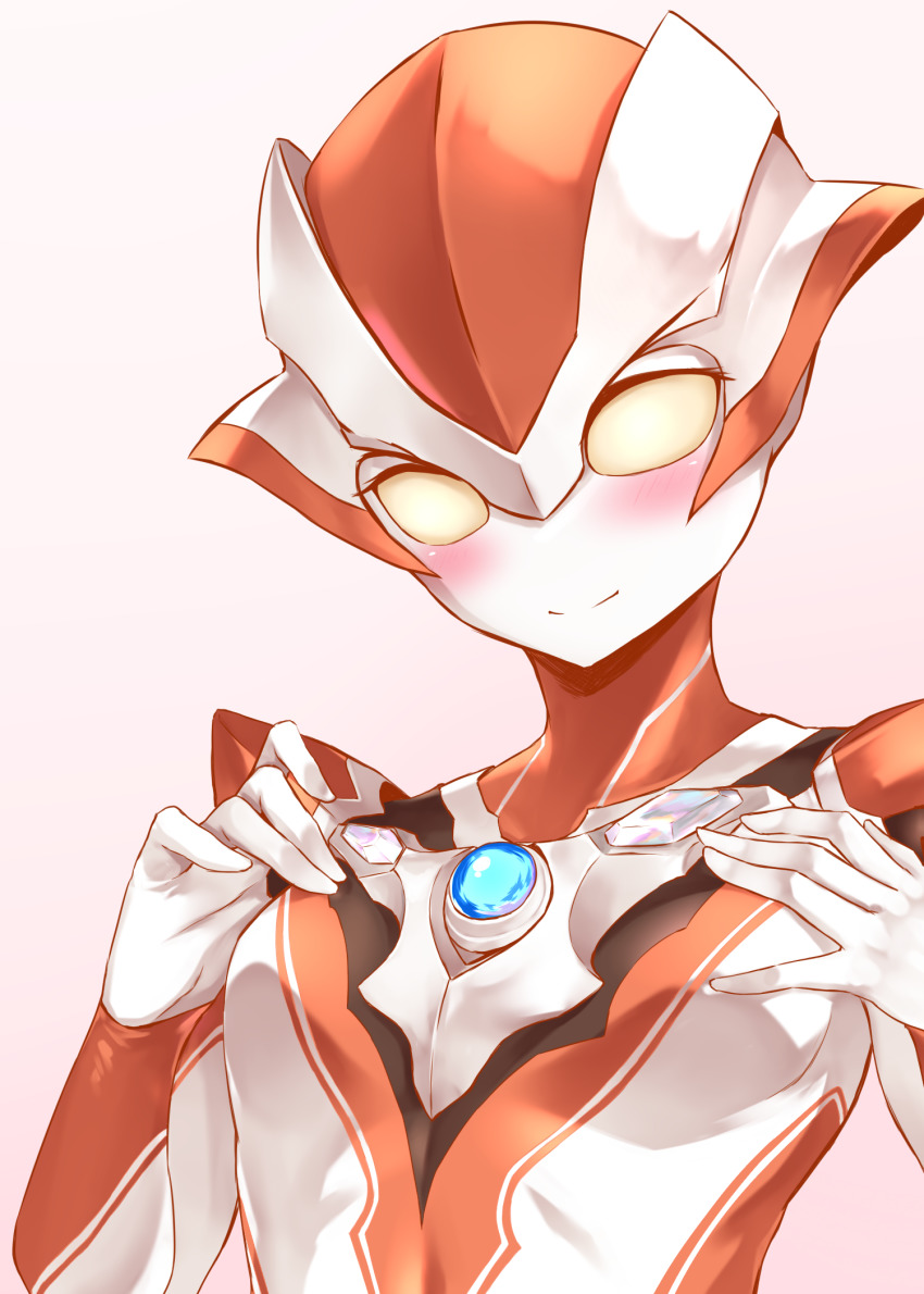 1girl, alien, animification, blush, breast_suppress, breasts, highres, korei, looking_down, pink_background, science_fiction, small_breasts, smile, solo, tokusatsu, ultra_series, ultraman_r/b, ultrawoman_grigio, upper_body, yellow_eyes