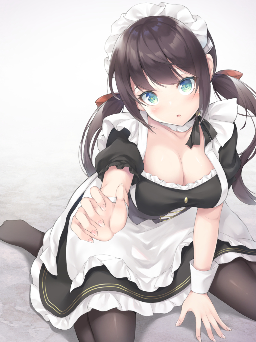 1girl, apron, azur_lane, black_hair, black_pantyhose, blush, collarbone, commentary_request