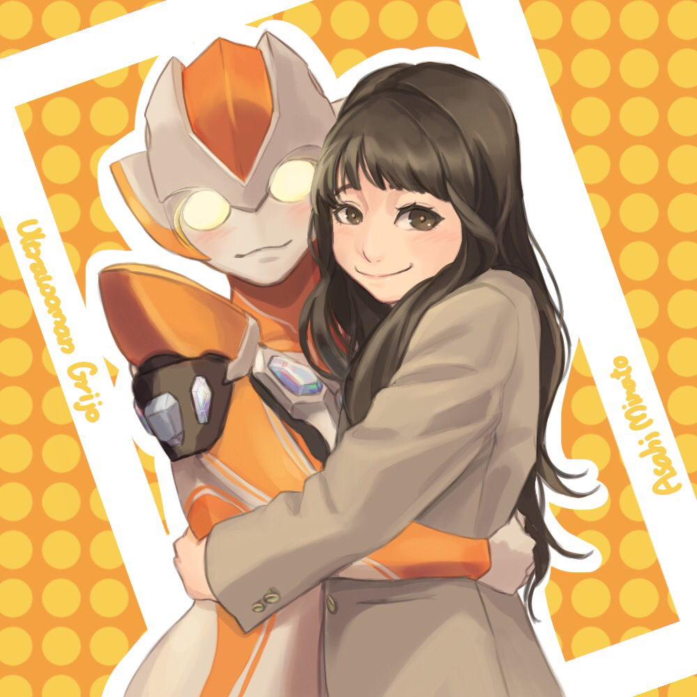 2girls, alien, animification, blazer, blush, brown_hair, brown_jacket, character_name