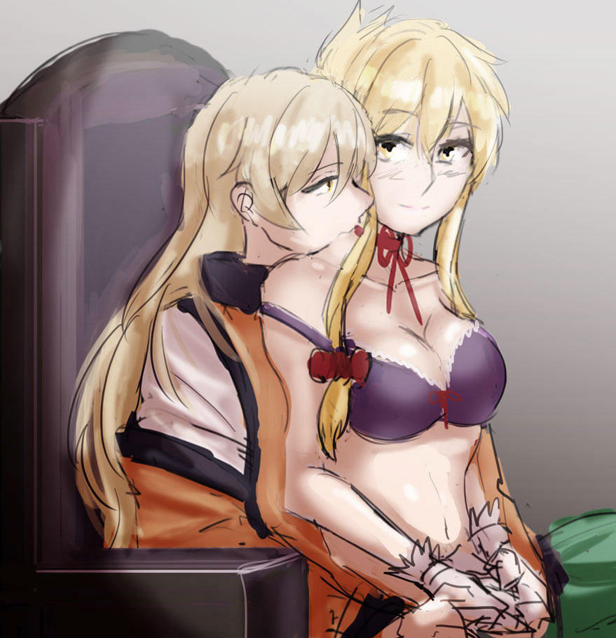 2girls, arong, bandaged_hand, bandages, blonde_hair, blush, bow, bra, chair, choker, detached_sleeves, eye_contact, frilled_bra, frills, green_skirt, hair_between_eyes, hair_bow, hair_ribbon, licking, light_smile, long_hair, long_sleeves, looking_at_another, matara_okina, mouth_hold, multiple_girls, navel, neck_ribbon, purple_bra, red_bow, red_ribbon, restrained, ribbon, shirt, sidelocks, sitting, sitting_on_lap, sitting_on_person, skirt, strap_slip, throne, topless_male, touhou, tress_ribbon, underwear, white_shirt, yakumo_yukari, yellow_eyes, yuri