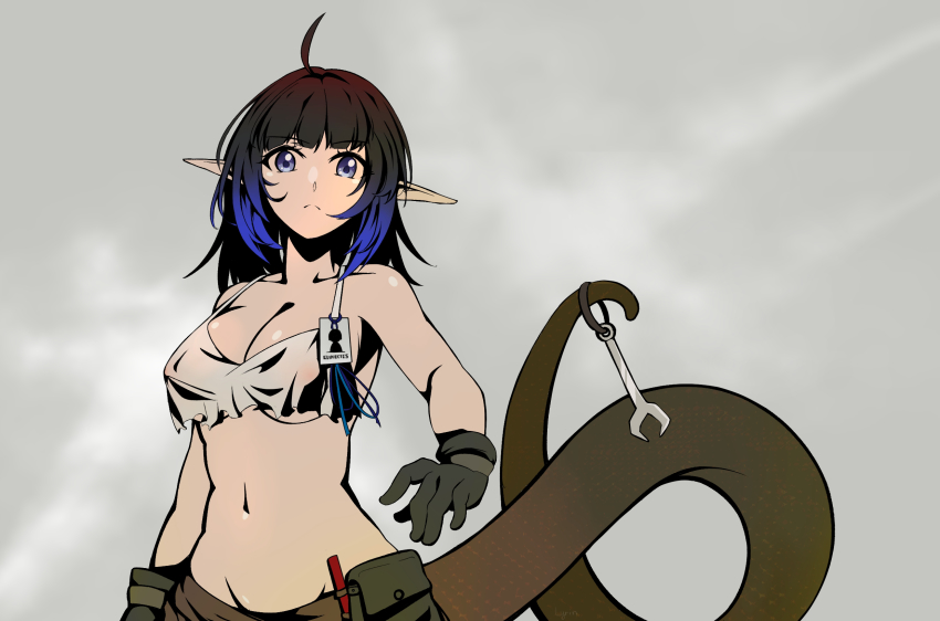 1girl, arknights, bare_arms, bare_shoulders, black_gloves, black_hair, blue_eyes, blue_hair, breasts, camisole, commentary, eunectes_(arknights), eunectes_(forgemaster)_(arknights), gloves, gradient_hair, grey_background, groin, highres, looking_at_viewer, lyrin_(haireirei), medium_breasts, medium_hair, midriff, multicolored_hair, navel, official_alternate_costume, pointy_ears, pouch, snake_tail, solo, spaghetti_strap, stomach, tail, upper_body, wrench