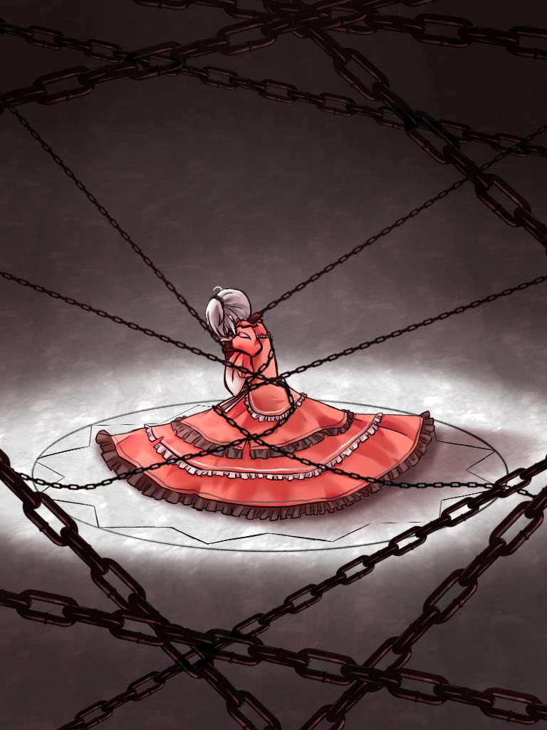 1girl, back, chain, chained, covering_face, crying, cuffs, dress, evillious_nendaiki, frilled_dress, frills, grey_background, hands_on_own_face, hatsune_miku, kiraru_rarirari, madam_merry-go-round_(vocaloid), magic_circle, orange_dress, shackles, short_twintails, solo, twintails, vocaloid