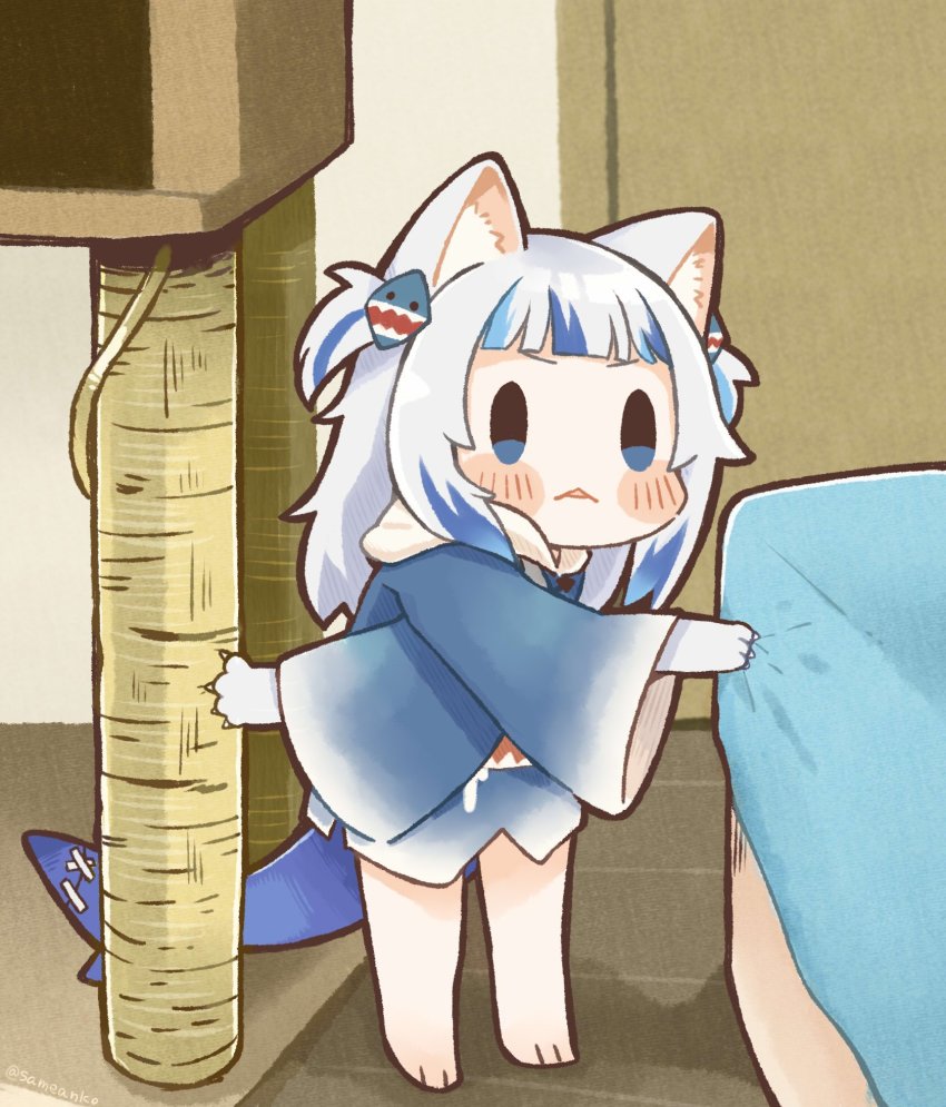 1girl, :<, animal_ear_fluff, animal_ears, barefoot, blue_eyes, blue_hair, blush_stickers