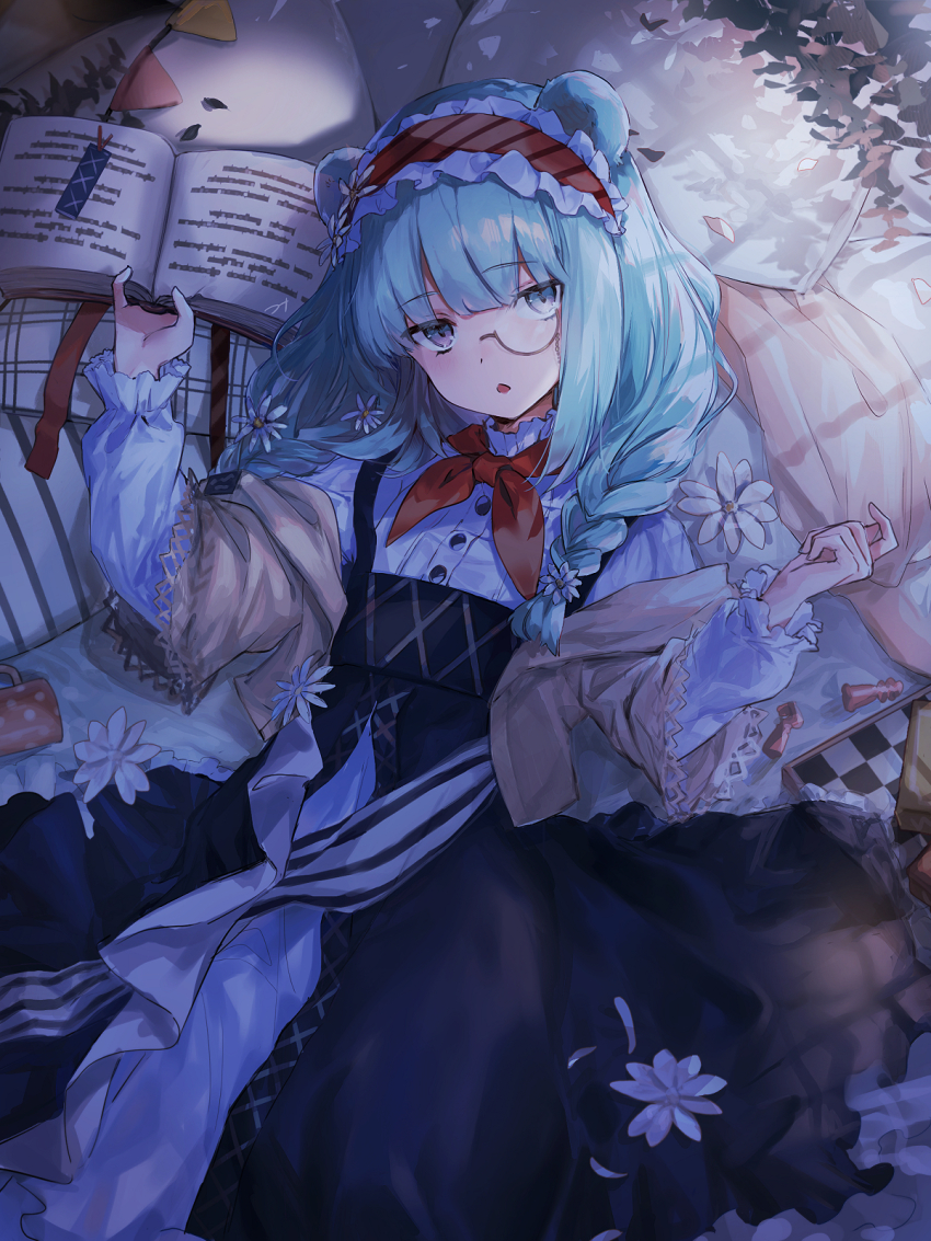 1girl, animal_ears, arknights, bear_ears, blue_dress, blue_eyes, blue_hair, book