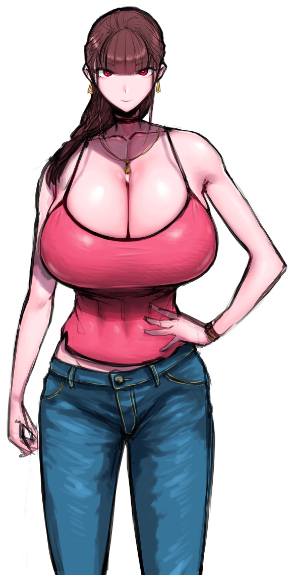 1girl, breasts, brown_hair, cleavage, huge_breasts, katsuragi_yuzuha, long_hair, looking_at_viewer