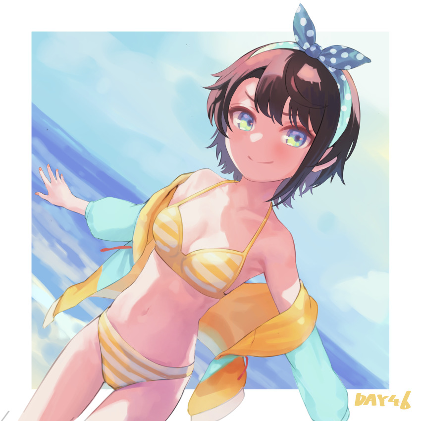 >:), 1girl, absurdres, aqua_eyes, bare_shoulders, bikini, bikini_under_clothes, blue_jacket
