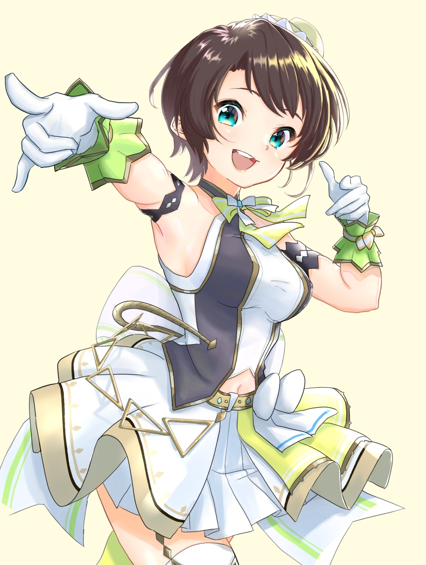 1girl, :d, aqua_eyes, armlet, asymmetrical_legwear, belt, bow, skirt_bow