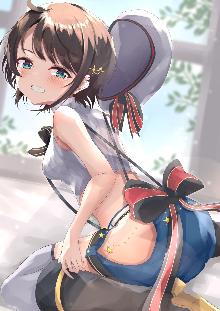 1girl, absurdres, azuremo, black_boots, black_bow, black_bowtie, black_panties, blouse, blue_eyes, blue_shorts, blush, boots, bow, bowtie, braid, brown_hair, clothing_cutout, commentary, cropped_shirt, french_braid, from_behind, from_side, grey_hat, grey_shirt, grey_thighhighs, grin, hair_ornament, hairclip, hat, high_collar, high_heel_boots, high_heels, highres, hip_vent, hololive, huge_filesize, knee_boots, kneeling, lace, lace-trimmed_panties, lace_trim, looking_at_viewer, looking_to_the_side, midriff, oozora_subaru, oozora_subaru_(suspenders), panties, panty_peek, pinstripe_pattern, pinstripe_shirt, sailor_hat, shirt, short_hair, shorts, sleeveless, sleeveless_shirt, smile, solo, striped_clothes, striped_shirt, suspender_shorts, suspenders, swept_bangs, thighhighs, underwear, unworn_hat, unworn_headwear, vertical-striped_clothes, vertical-striped_shirt, virtual_youtuber