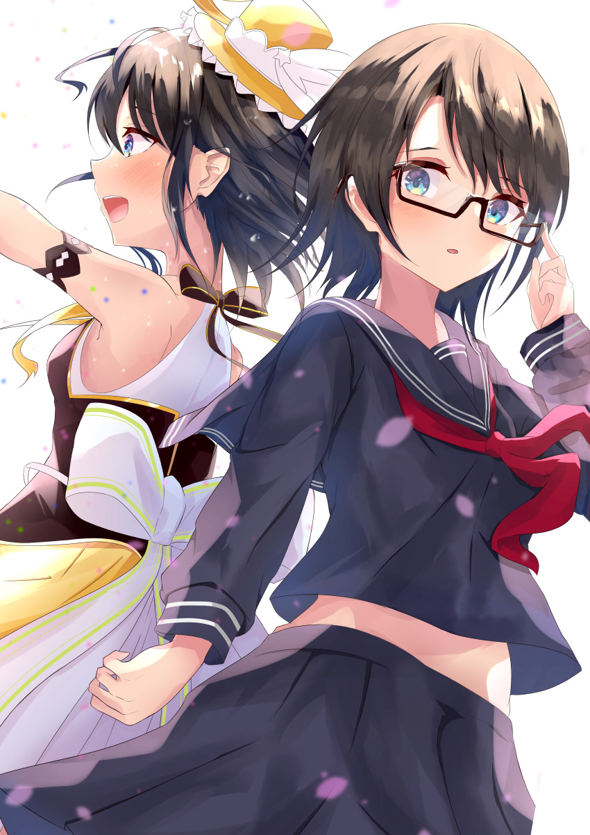 2girls, absurdres, aqua_eyes, azuremo, black-framed_eyewear, blue_shirt, blue_skirt, blush