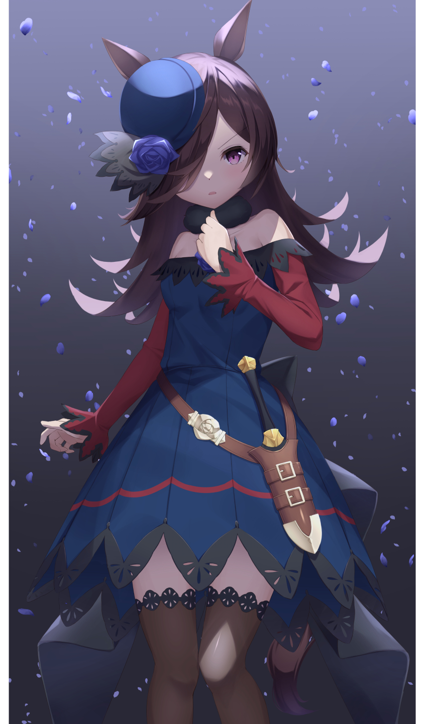 1girl, absurdres, animal_ears, bad_id, bad_pixiv_id, bare_shoulders, blue_dress, bowler_hat