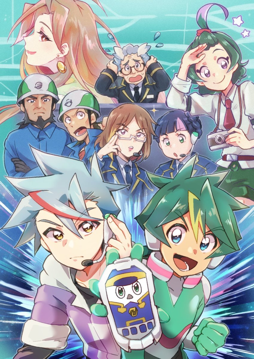 4girls, 5boys, abuki_kasumi, arata_ayu, arata_shin, blonde_hair, blue_hair, blunt_bangs