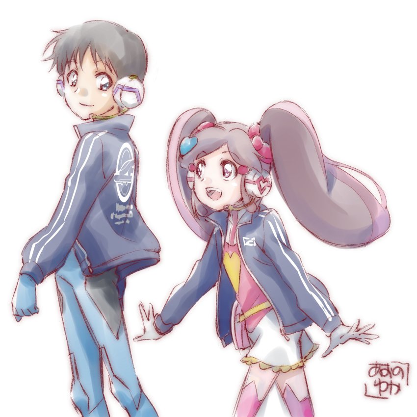 1boy, 1girl, absurdres, aono_yuka, blue_eyes, blue_jacket, brown_hair, crossover, gloves, grey_gloves, headset, highres, ikari_shinji, jacket, mecha_pilot_suit, neon_genesis_evangelion, official_art, open_mouth, pilot_suit, plugsuit_(evangelion), running, shinkalion_(series), shinkansen_henkei_robo_shinkalion, smile, twintails, ueda_azusa, white_background