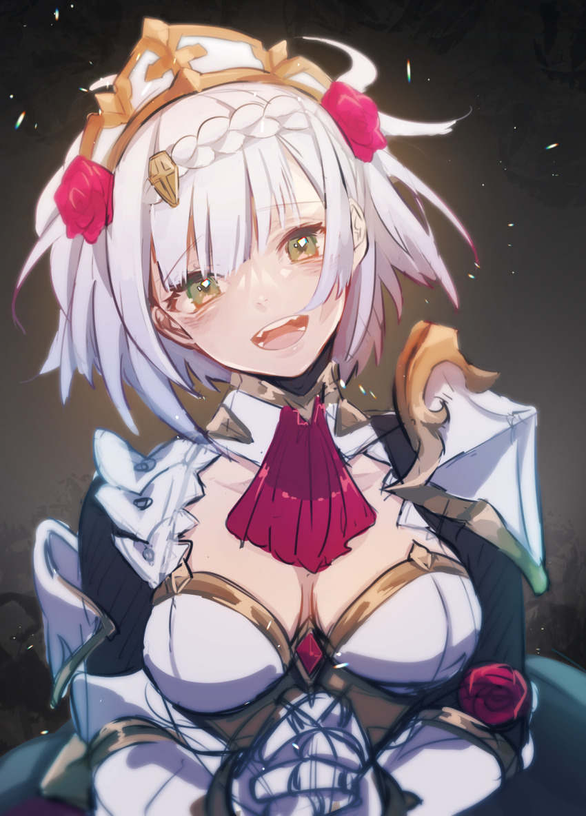 1girl, armor, braid, breasts, cleavage, collarbone, genshin_impact, green_eyes, highres, medium_breasts, noelle_(genshin_impact), ruohire, short_hair, shoulder_armor, smile, solo, white_hair