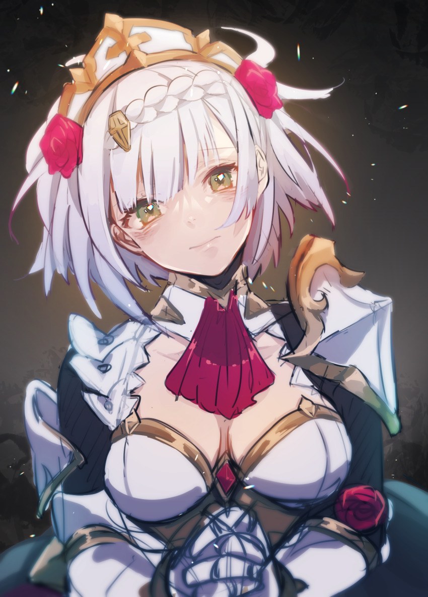 1girl, armor, braid, breasts, cleavage, collarbone, genshin_impact, green_eyes