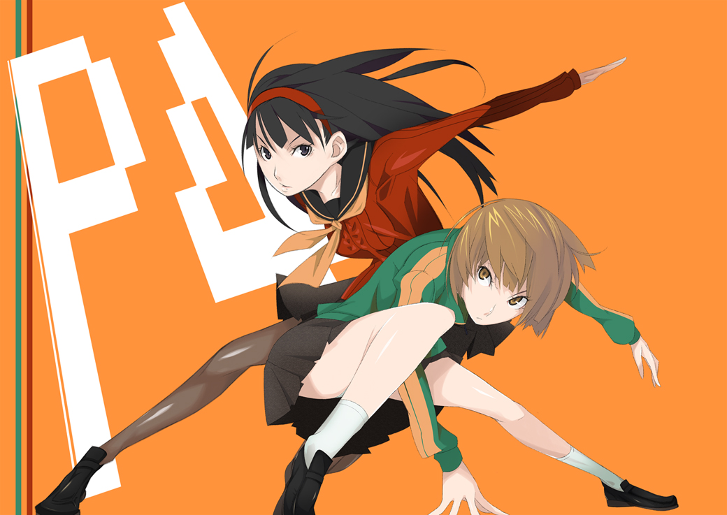 2girls, amagi_yukiko, atlus, black_hair, brown_hair, fighting_stance, ghost-q, hairband