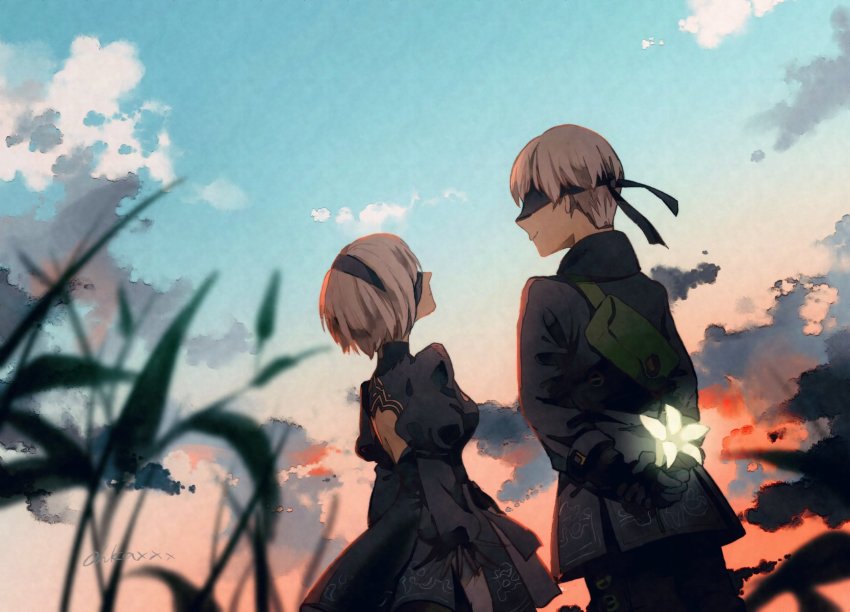 1boy, 1girl, 2b_(nier:automata), 9s_(nier:automata), arms_behind_back, back_cutout, bag, black_dress