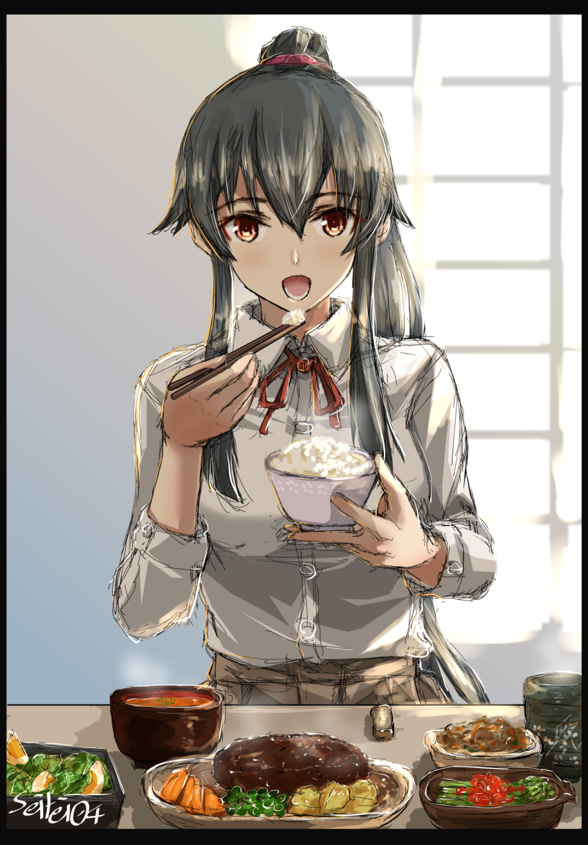1girl, alternate_costume, artist_name, black_border, black_hair, border, brown_eyes, chopsticks